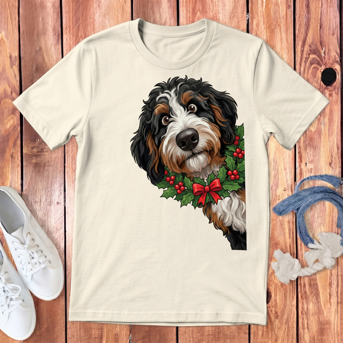 Bernese Mountain Dog wearing a Christmas holly wreath with red bow on cream t-shirt.