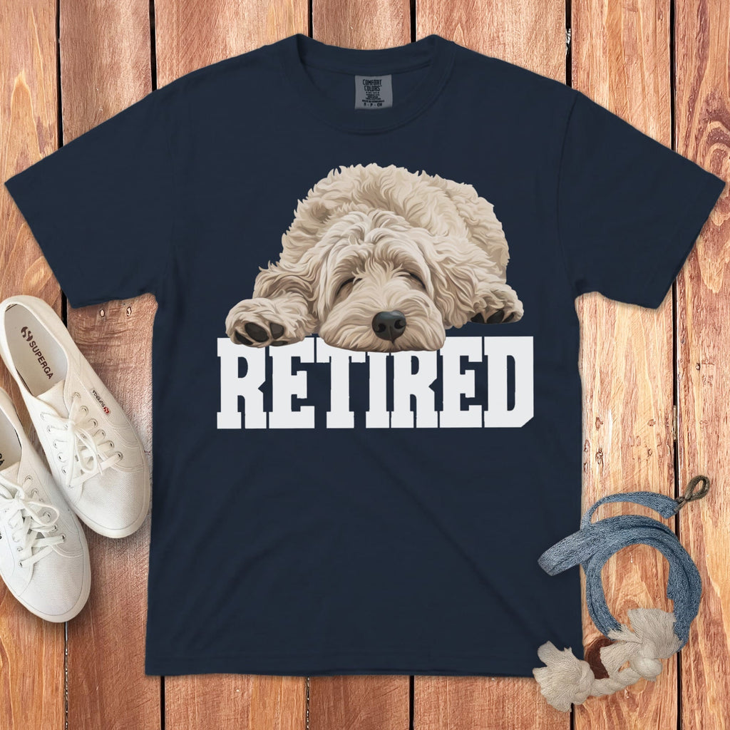 Retired Sleeping Cream Goldendoodle Signature T-Shirt in Navy / S by Puppy Jo