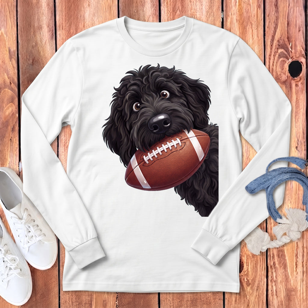 Black shaggy dog holding a football in its mouth on a white shirt.