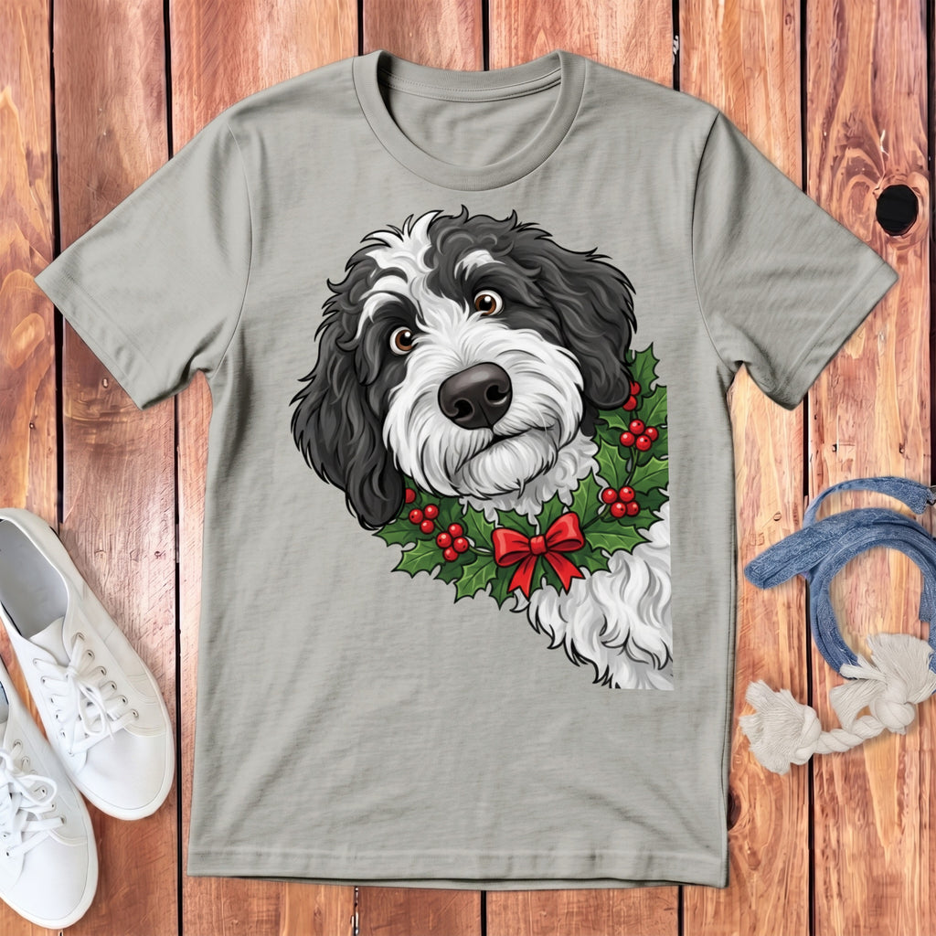 Black and white dog wearing a holly wreath with red berries and bow on a grey t-shirt.