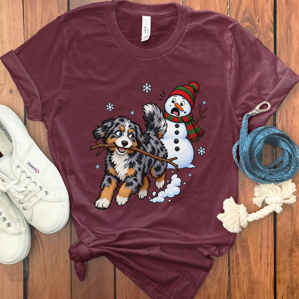 Aussiedoodle Snowman T-Shirt in Maroon / S by Puppy Jo