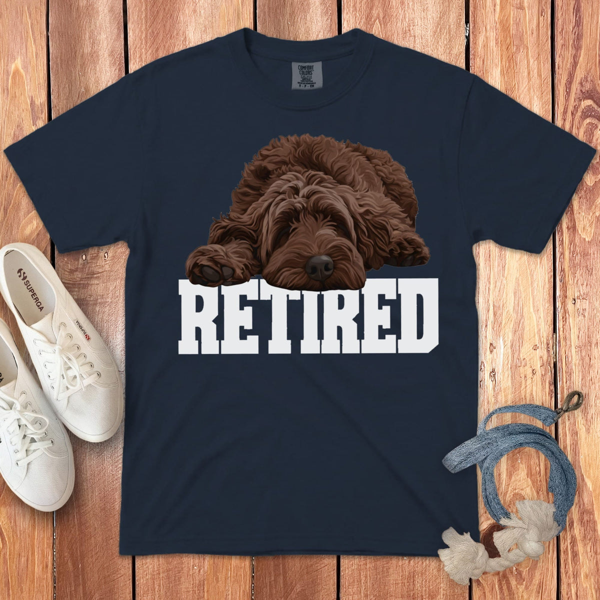 Retired Sleeping Chocolate Goldendoodle Signature T-Shirt in Navy / S by Puppy Jo