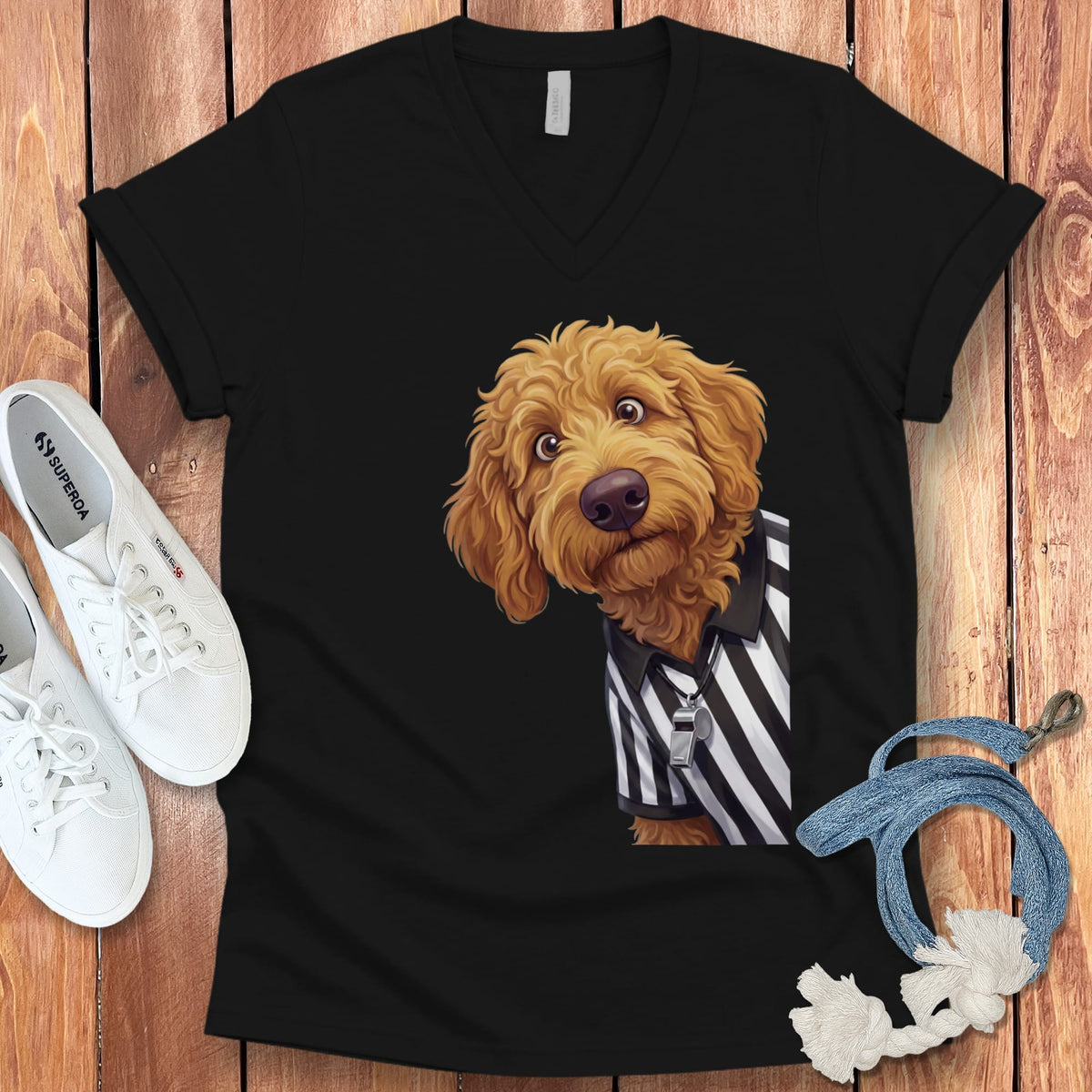 Apricot Goldendoodle Football Referee V-Neck T-Shirt in Black / S by Puppy Jo