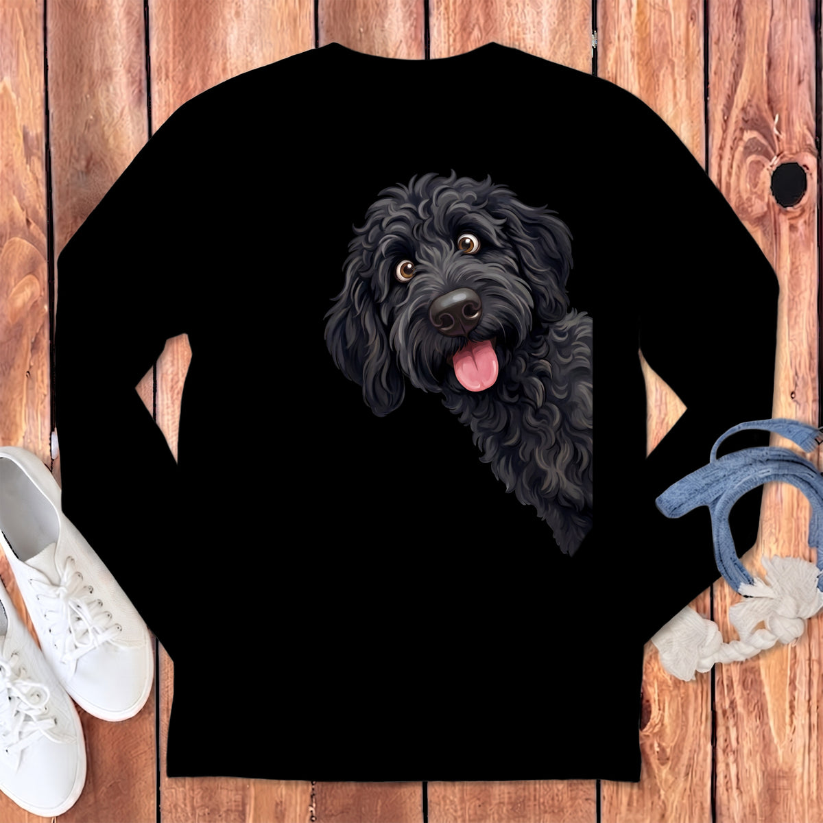 Black long-sleeve t-shirt featuring a cartoon illustration of a black curly-haired dog peeking out.