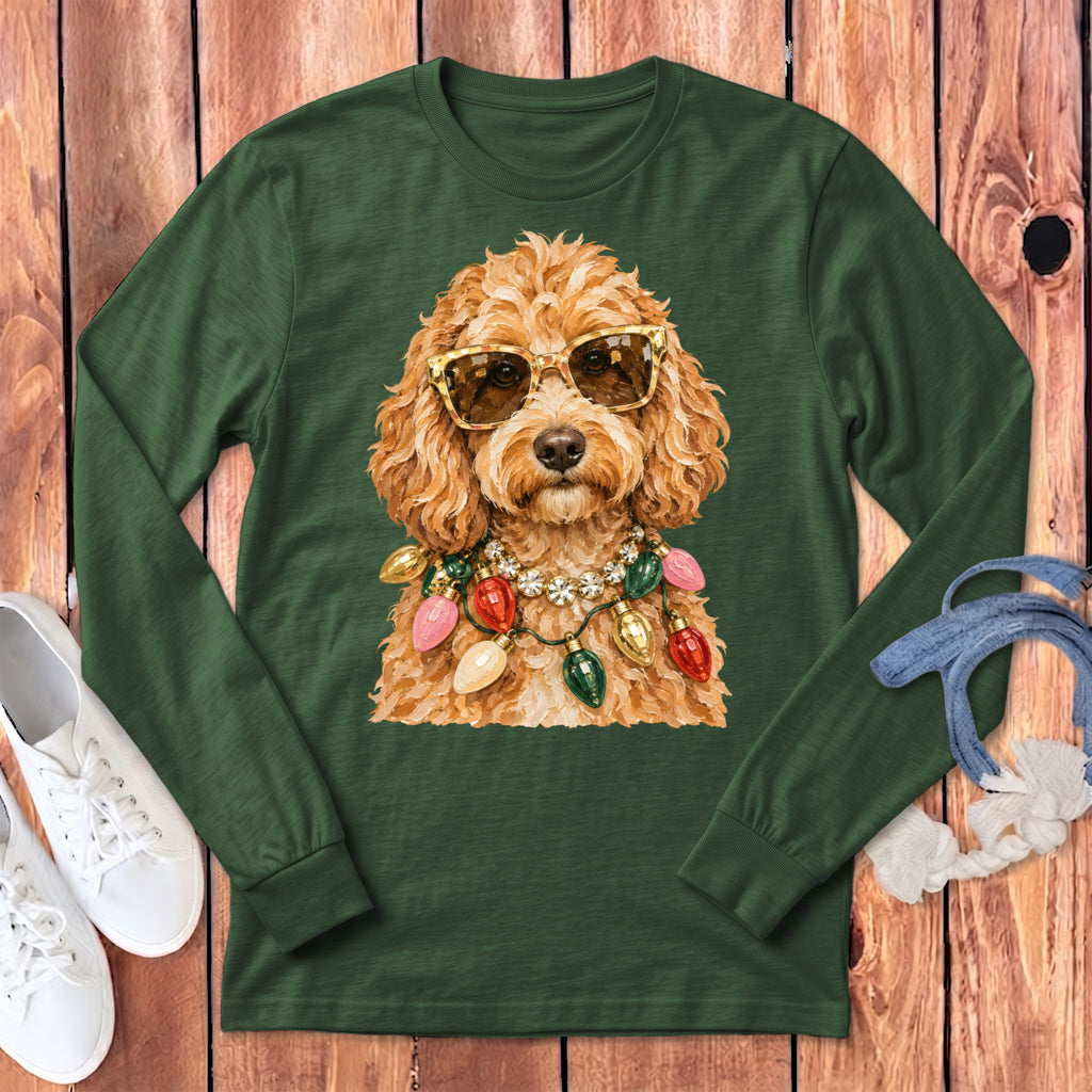 Green long-sleeve shirt with a dog wearing sunglasses and Christmas lights.