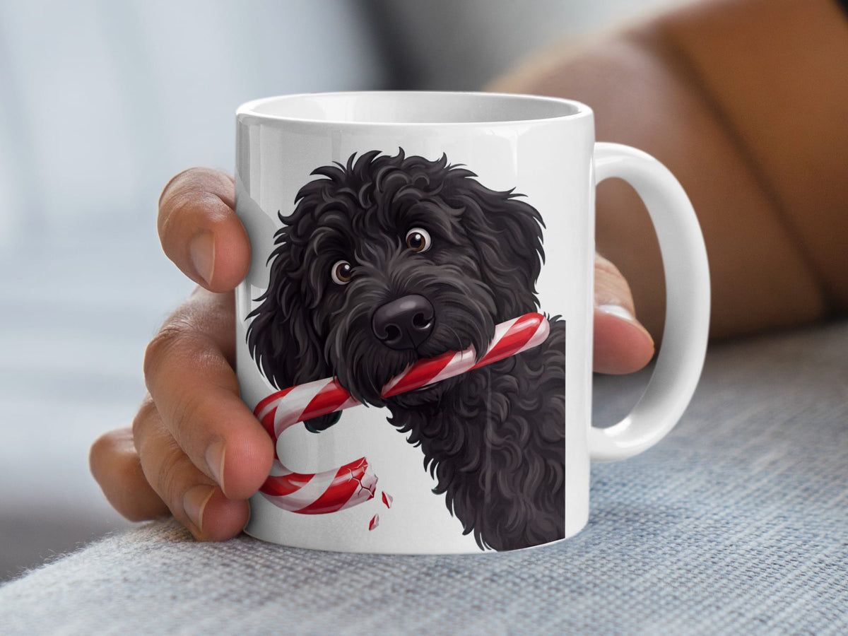 Black Goldendoodle Candy Cane Thief Mug in by Puppy Jo