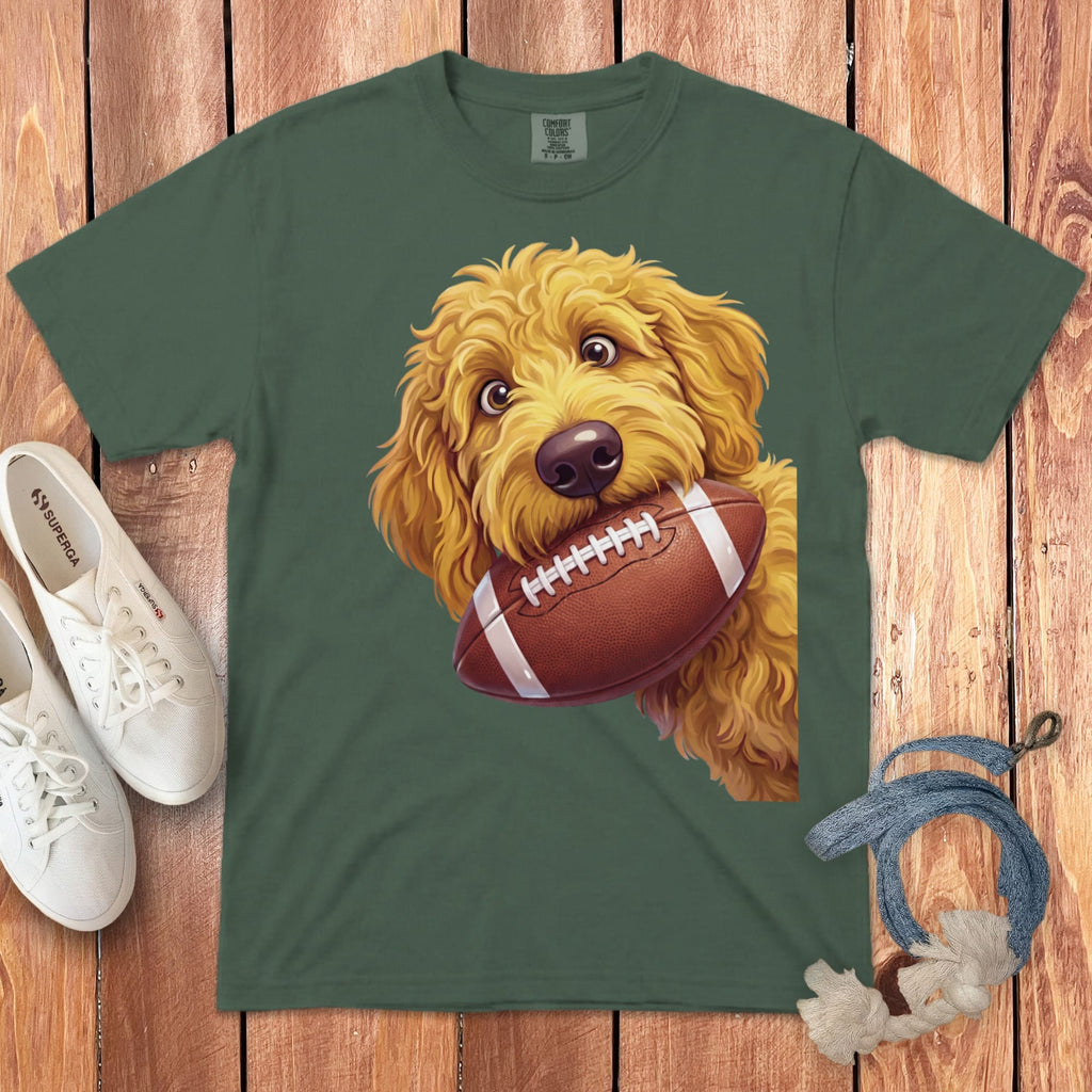 Golden Goldendoodle Football Signature T-Shirt in Blue Spruce / S by Puppy Jo