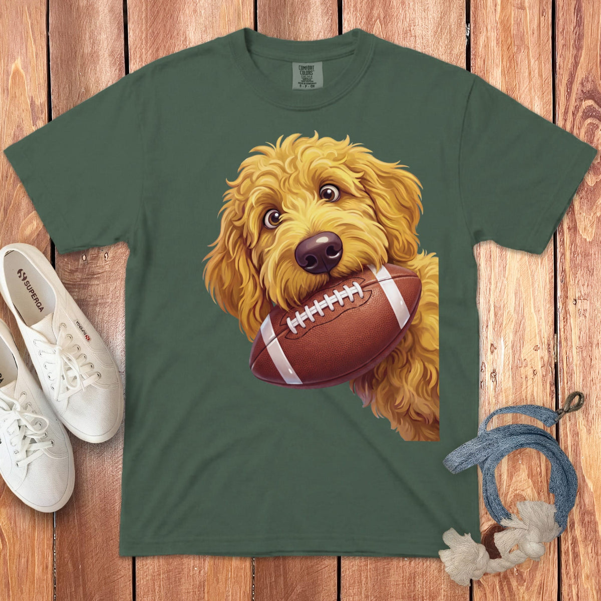 Golden Goldendoodle Football Signature T-Shirt in Blue Spruce / S by Puppy Jo