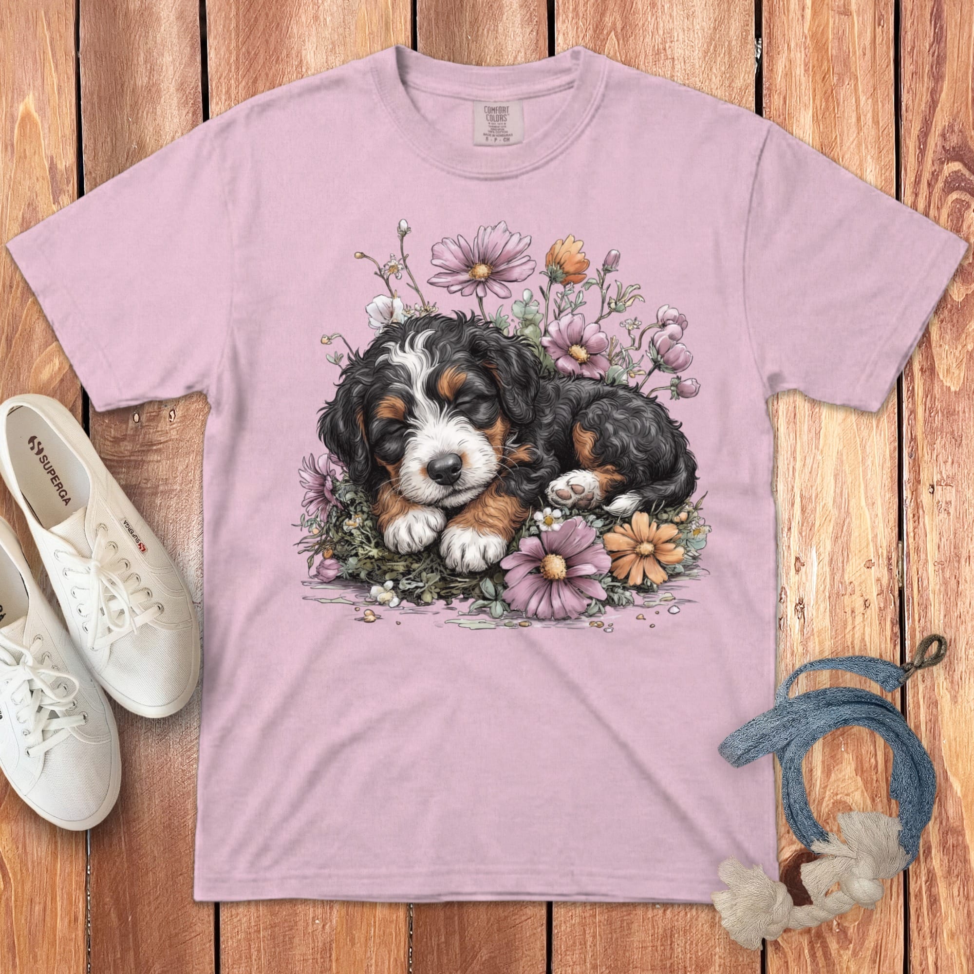 Pink t-shirt with a Bernese Mountain Dog puppy sleeping among flowers.