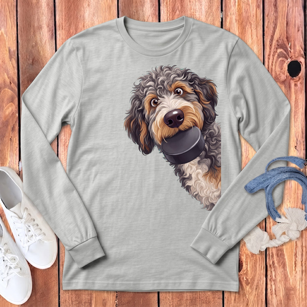 Aussiedoodle Hockey Puck Long Sleeve T-Shirt in Athletic Heather / S by Puppy Jo