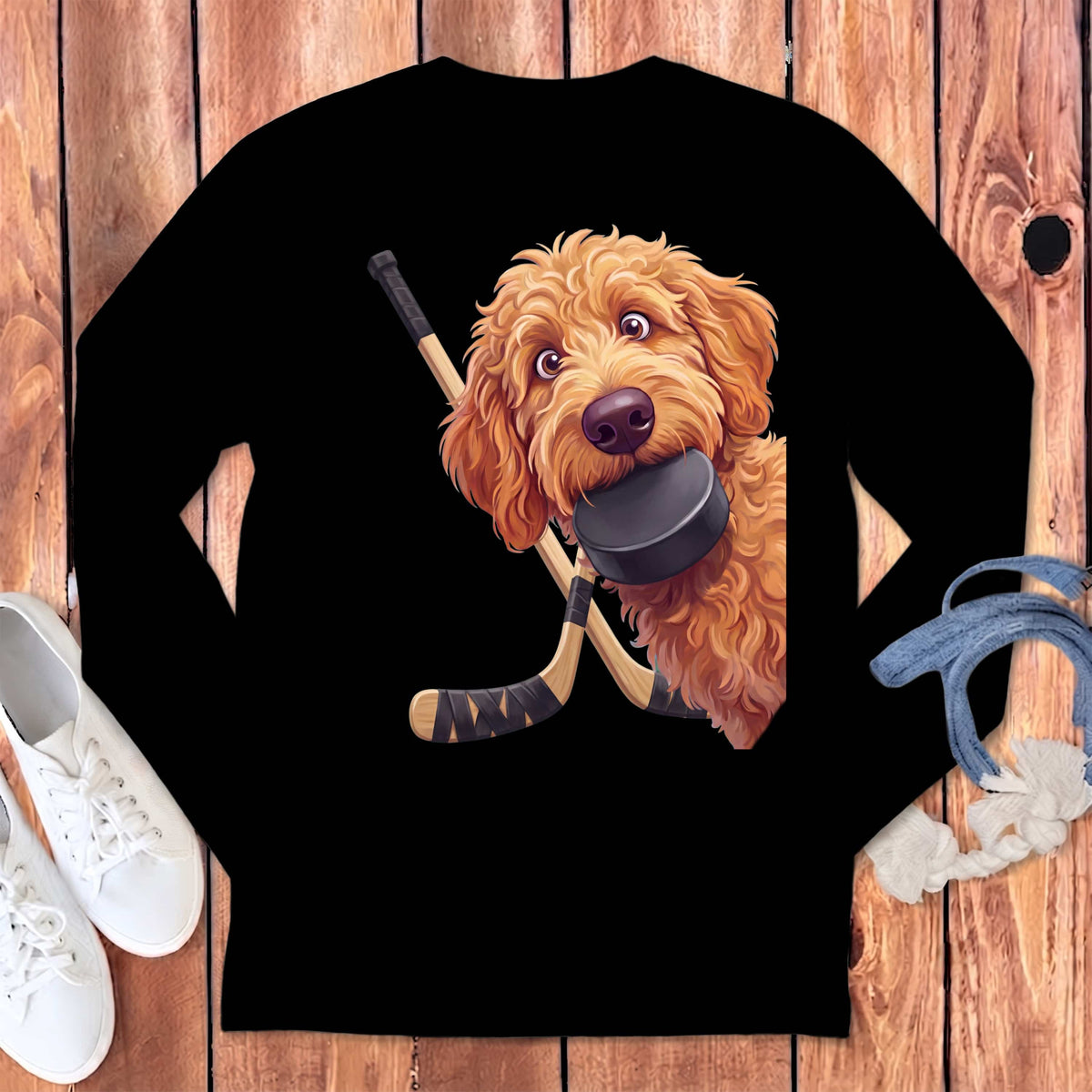 Apricot Goldendoodle Hockey Long Sleeve T-Shirt in Black / S by Puppy Jo