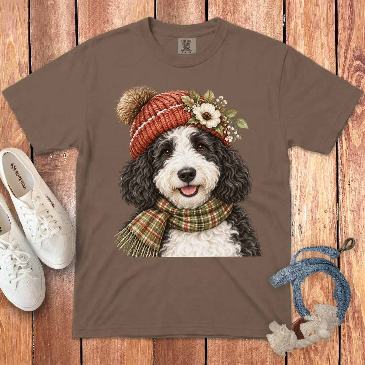 Brown t-shirt with a graphic of a black and white poodle wearing a knitted hat and scarf.