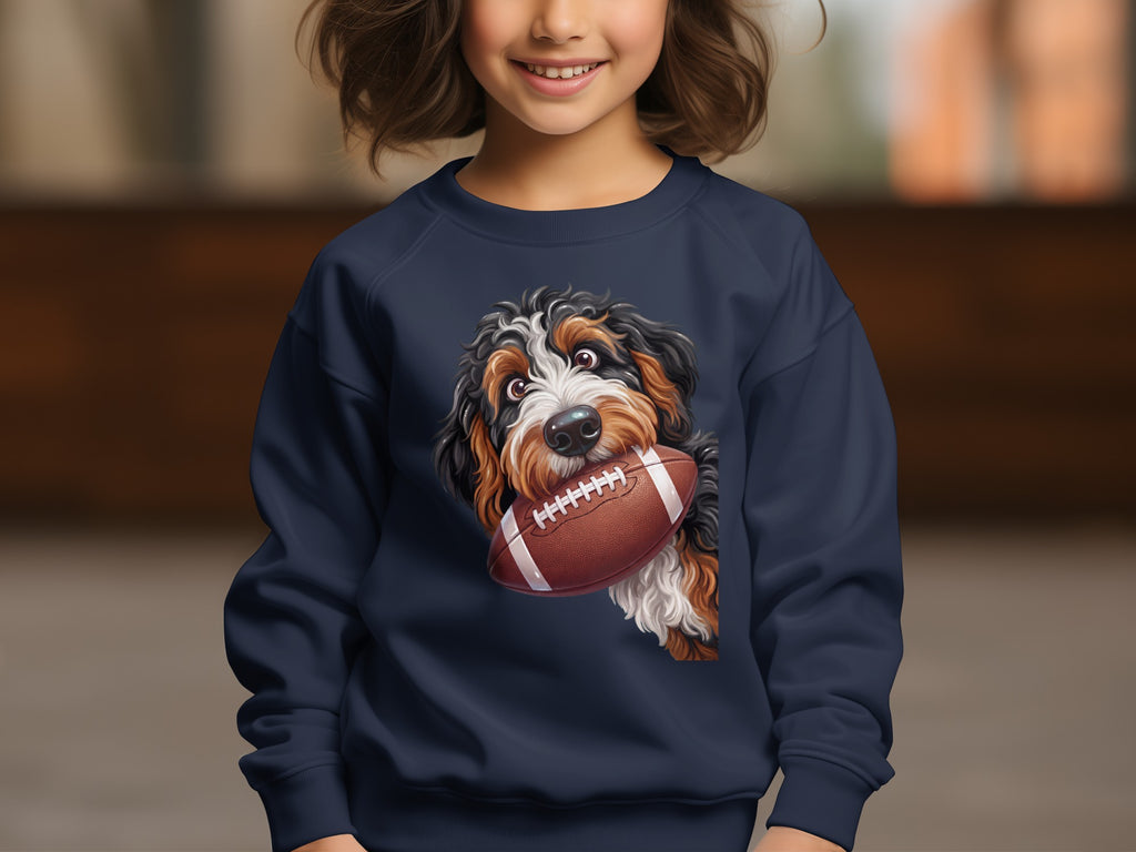 Bernese mountain dog holding a football on a dark blue sweatshirt.