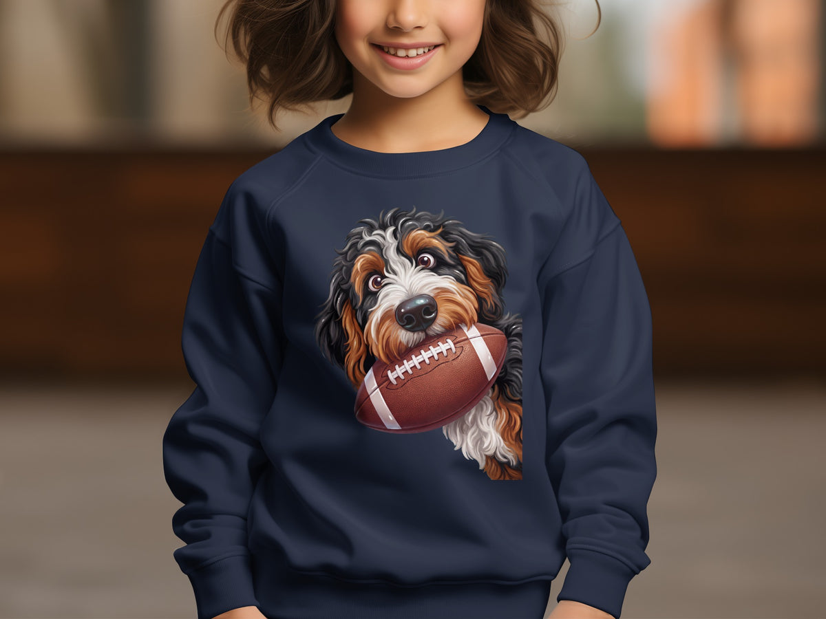 Bernese mountain dog holding a football on a dark blue sweatshirt.