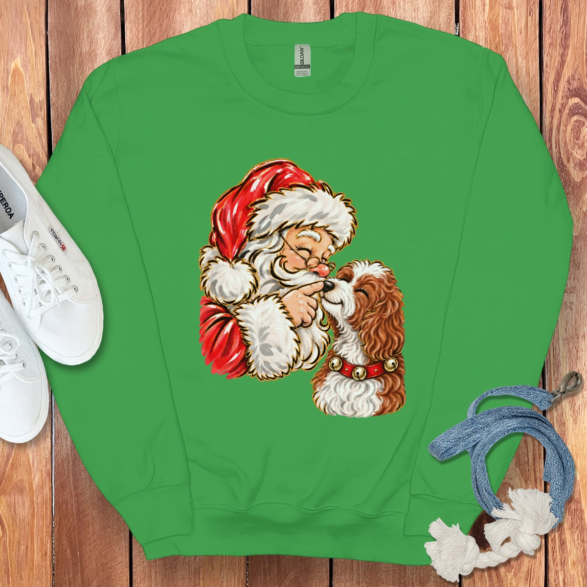 Cavapoo Santa Kiss Sweatshirt in Irish Green / S by Puppy Jo