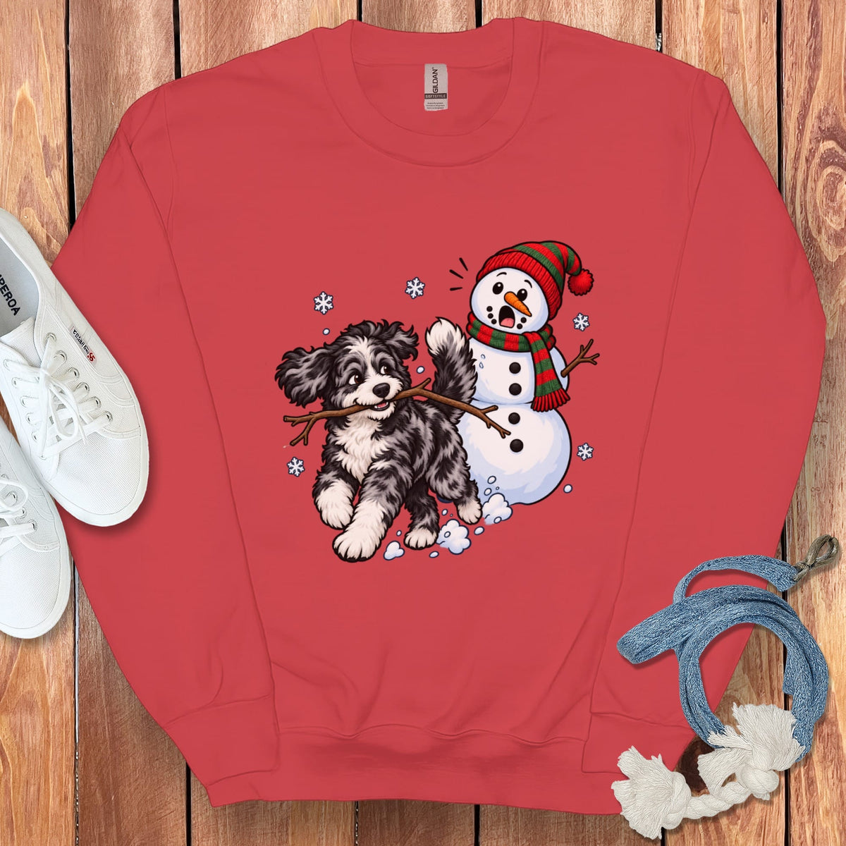 Merle Goldendoodle Snowman Sweatshirt in Red / S by Puppy Jo
