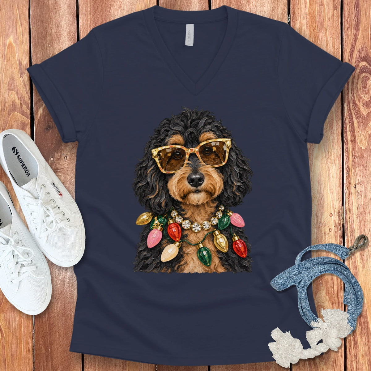 Phantom Goldendoodle Christmas Glam V-Neck T-Shirt in Navy / S by Puppy Jo