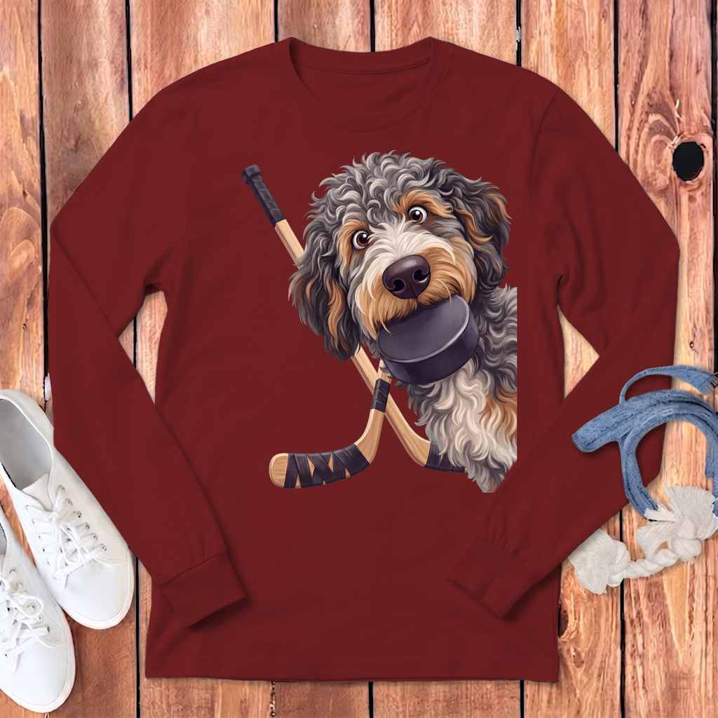 Aussiedoodle Hockey Long Sleeve T-Shirt in Cardinal / S by Puppy Jo
