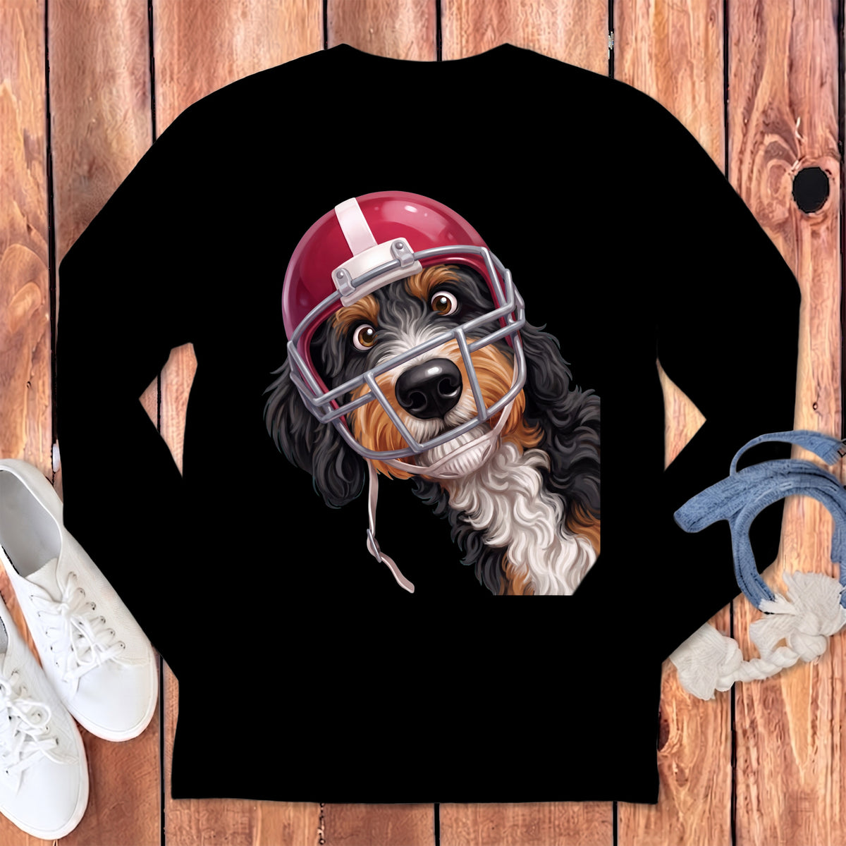 Black t-shirt with a Bernese Mountain Dog wearing a red football helmet.