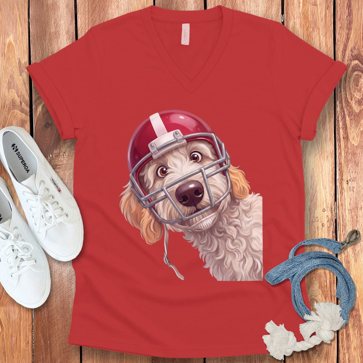 Maltipoo Football Helmet V-Neck T-Shirt in Red / S by Puppy Jo