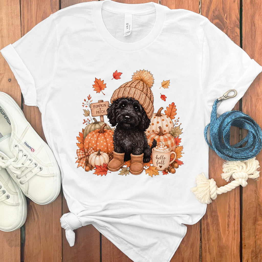 Black Goldendoodle Pumpkin Patch T-Shirt in White / S by Puppy Jo