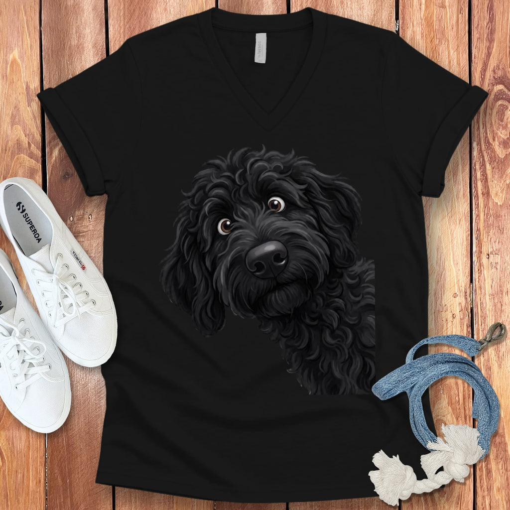 Funny Peeking Black Goldendoodle V-Neck T-Shirt in Black / S by Puppy Jo