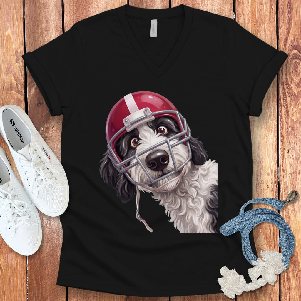 Sheepadoodle Football Helmet V-Neck T-Shirt in Black / S by Puppy Jo