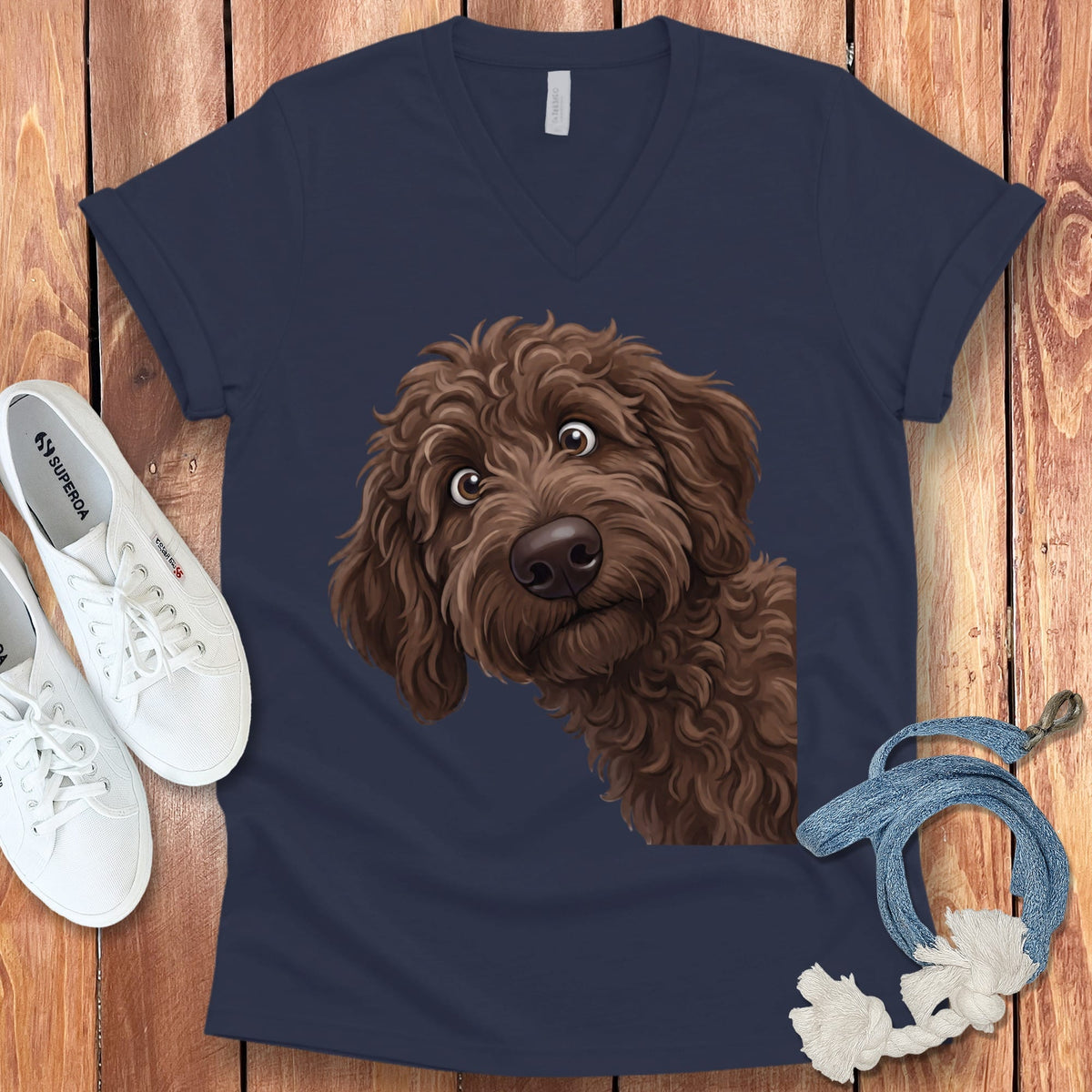 Funny Peeking Chocolate Goldendoodle V-Neck T-Shirt in Navy / S by Puppy Jo