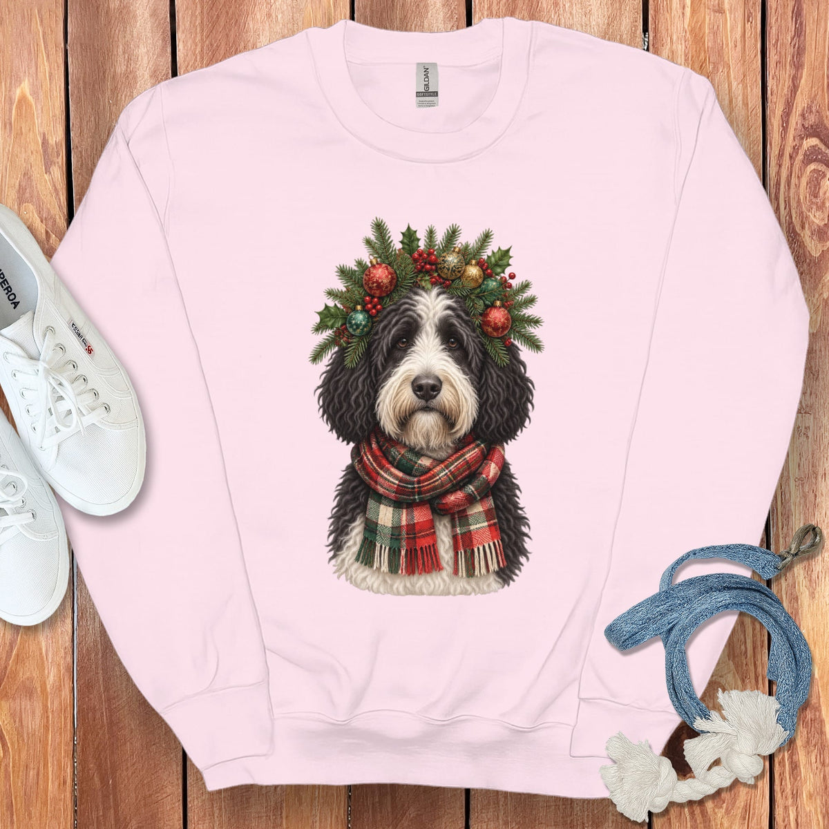 Sheepadoodle Holiday Crown Sweatshirt in Light Pink / S by Puppy Jo