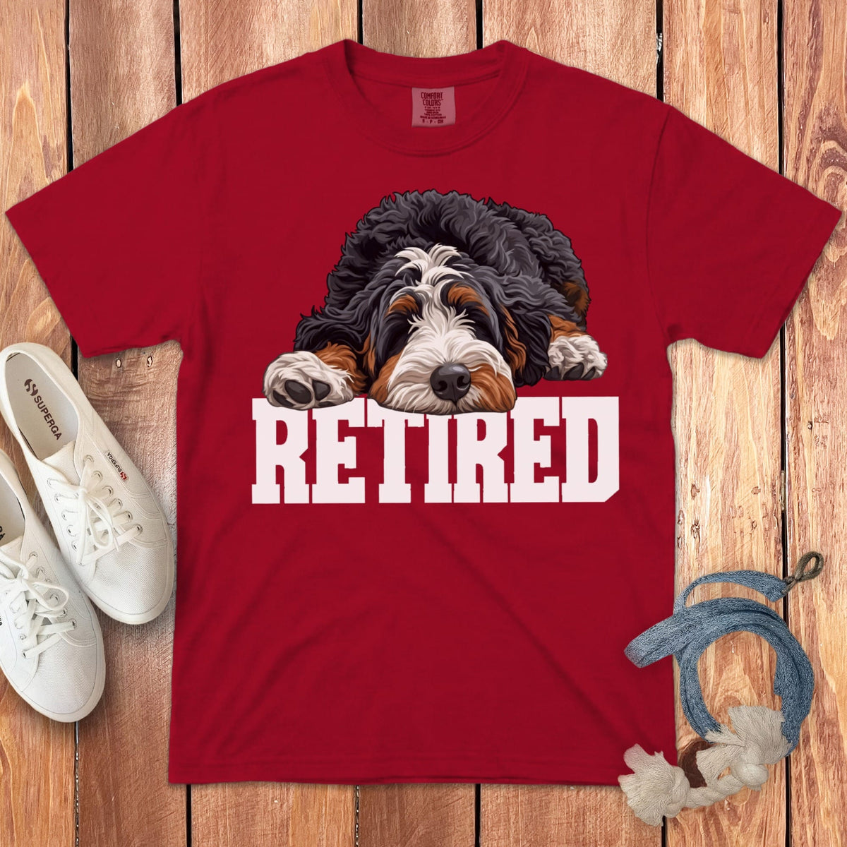 Retired Sleeping Bernedoodle Signature T-Shirt in Red / S by Puppy Jo