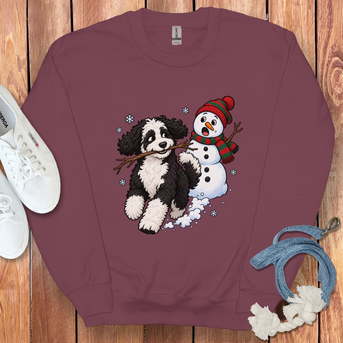 Sheepadoodle Snowman Sweatshirt in Maroon / S by Puppy Jo