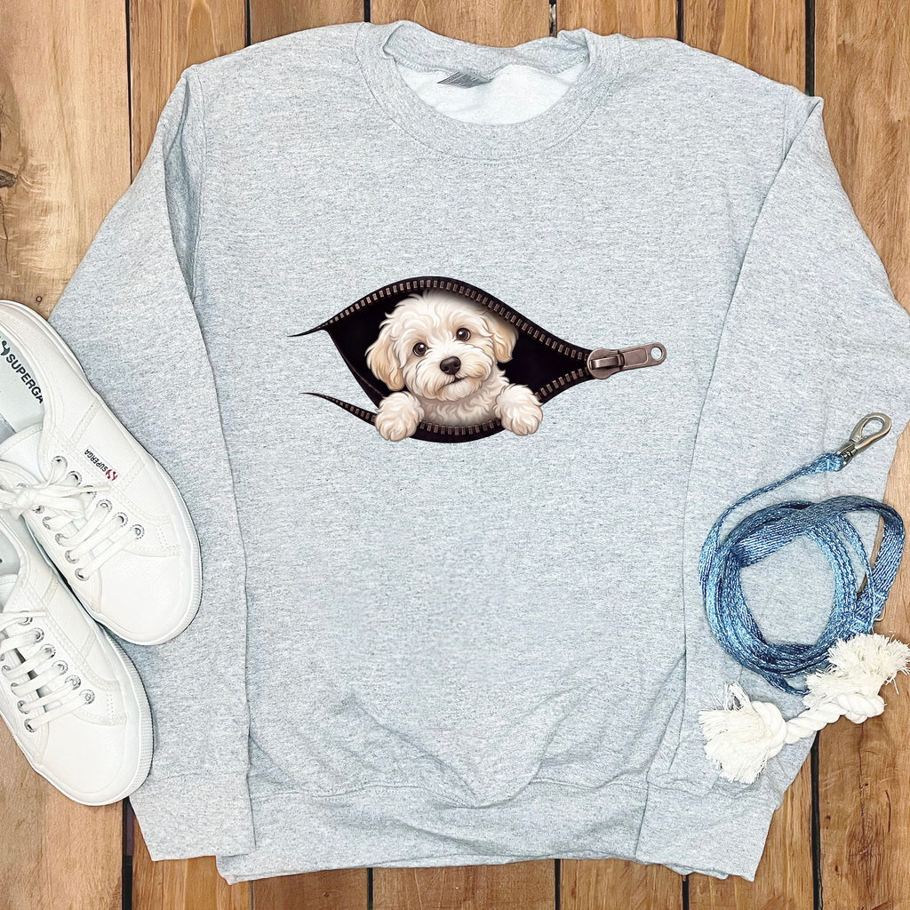 Maltipoo Peeking Zipper Sweatshirt in Sport Grey / S by Puppy Jo