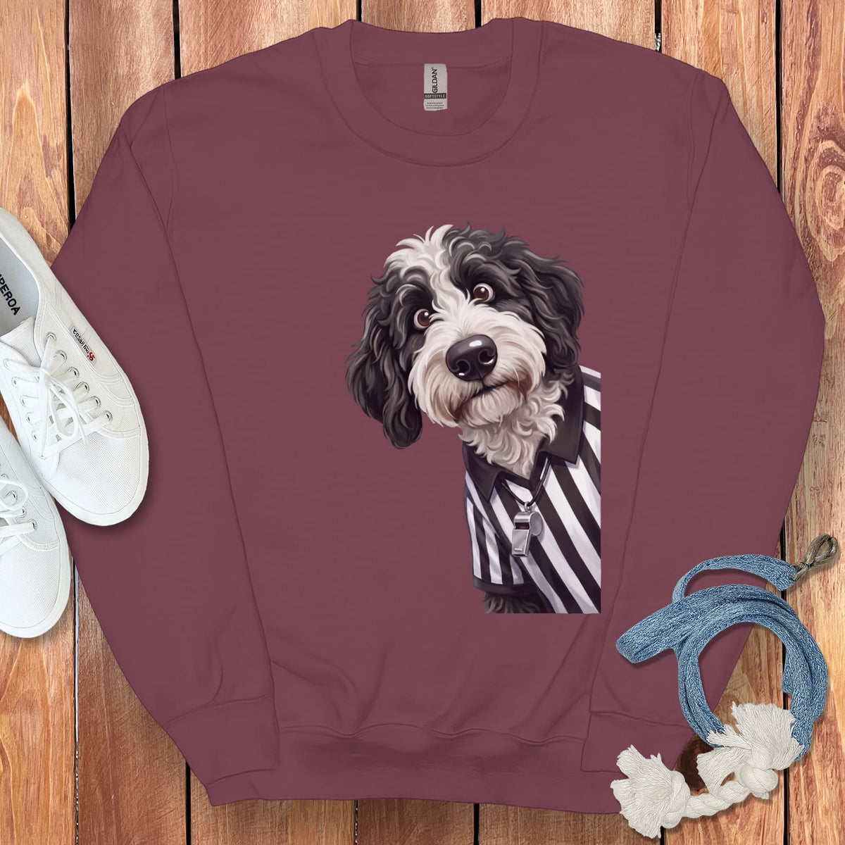 Sheepadoodle Football Referee Sweatshirt in Maroon / S by Puppy Jo