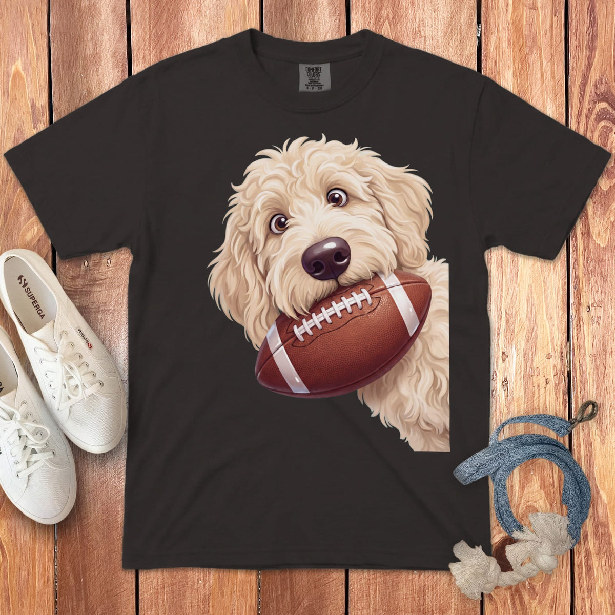 Cream Goldendoodle Football Signature T-Shirt in Graphite / S by Puppy Jo