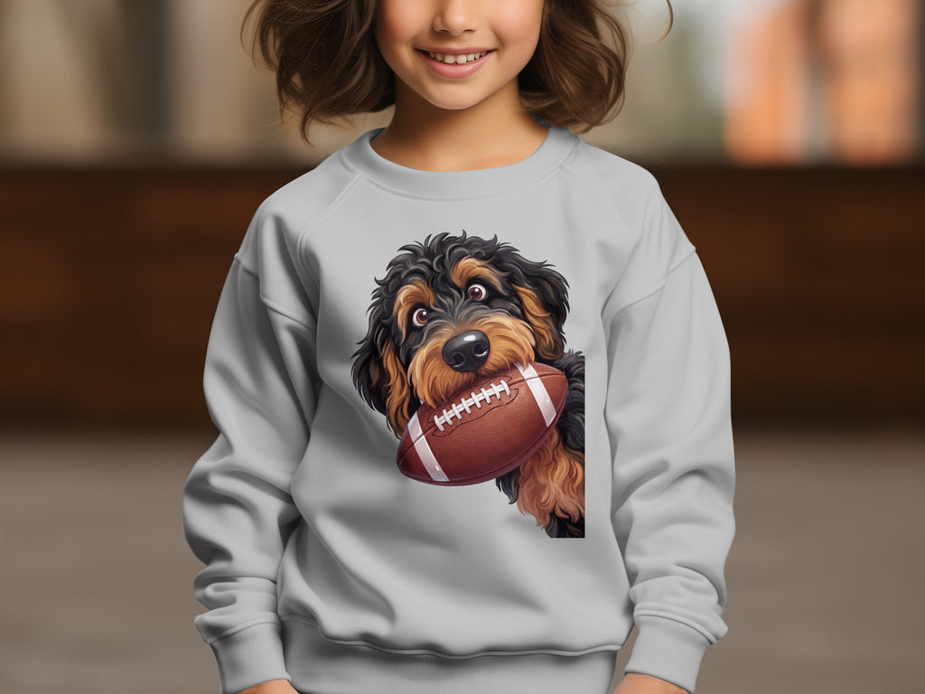 Light gray sweatshirt with a cartoon doodle dog holding a football.