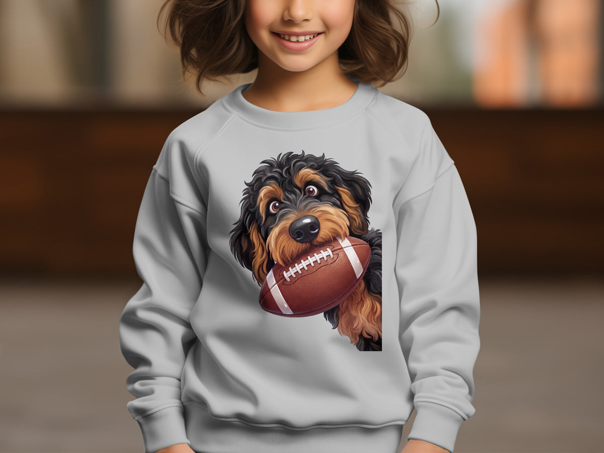 Light gray sweatshirt with a cartoon doodle dog holding a football.
