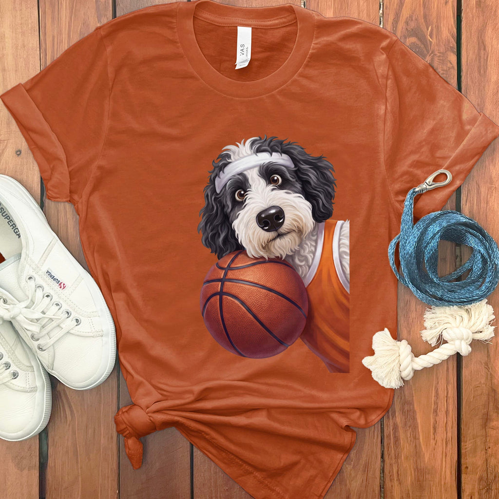 Sheepadoodle Basketball Player T-Shirt in Autumn / S by Puppy Jo
