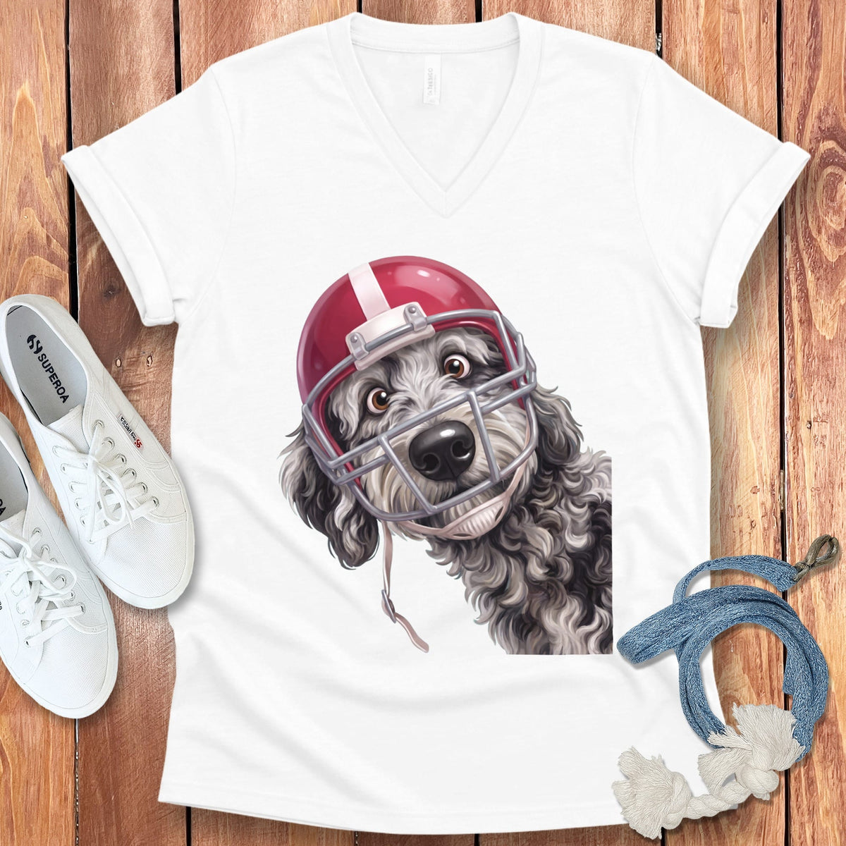 Merle Goldendoodle Football Helmet V-Neck T-Shirt in White / S by Puppy Jo