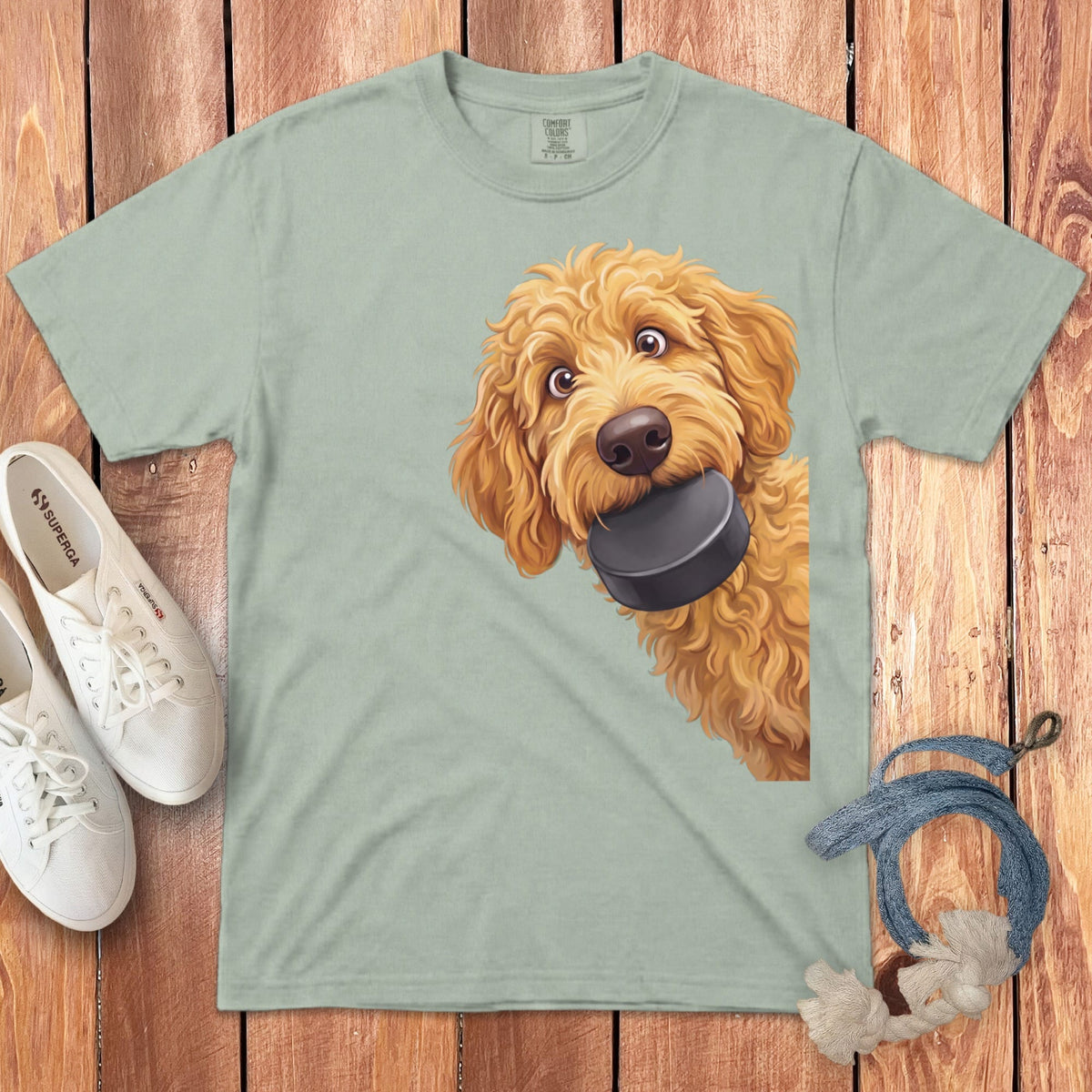 Golden Goldendoodle Hockey Puck Signature T-Shirt in Bay / S by Puppy Jo