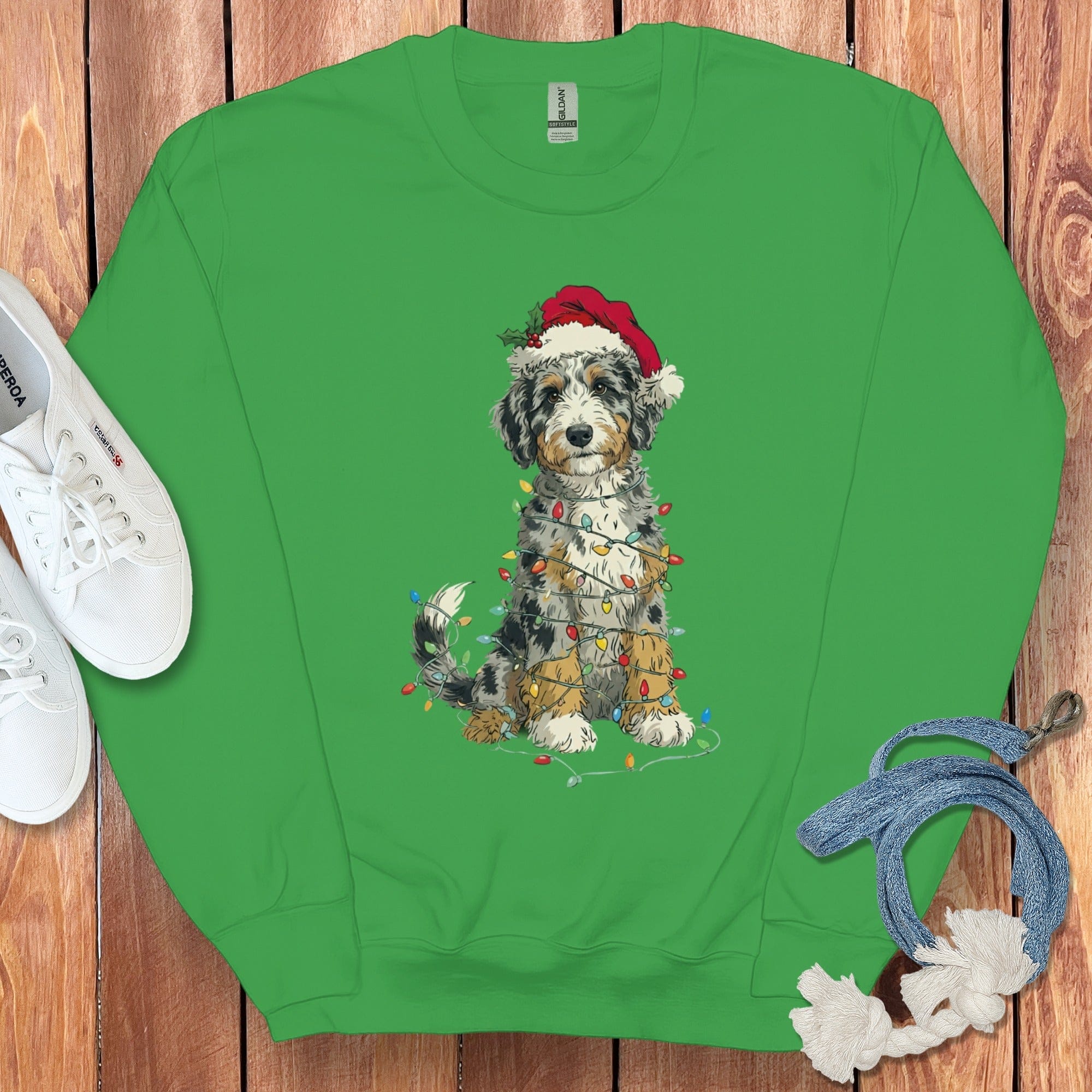 Festive Sweater with Adorable Dog in Christmas Lights