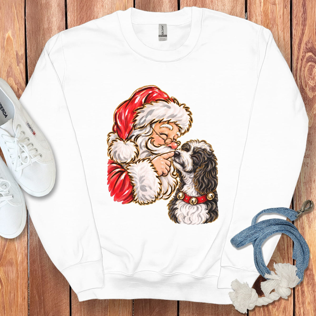 Sheepadoodle Santa Kiss Sweatshirt in White / S by Puppy Jo