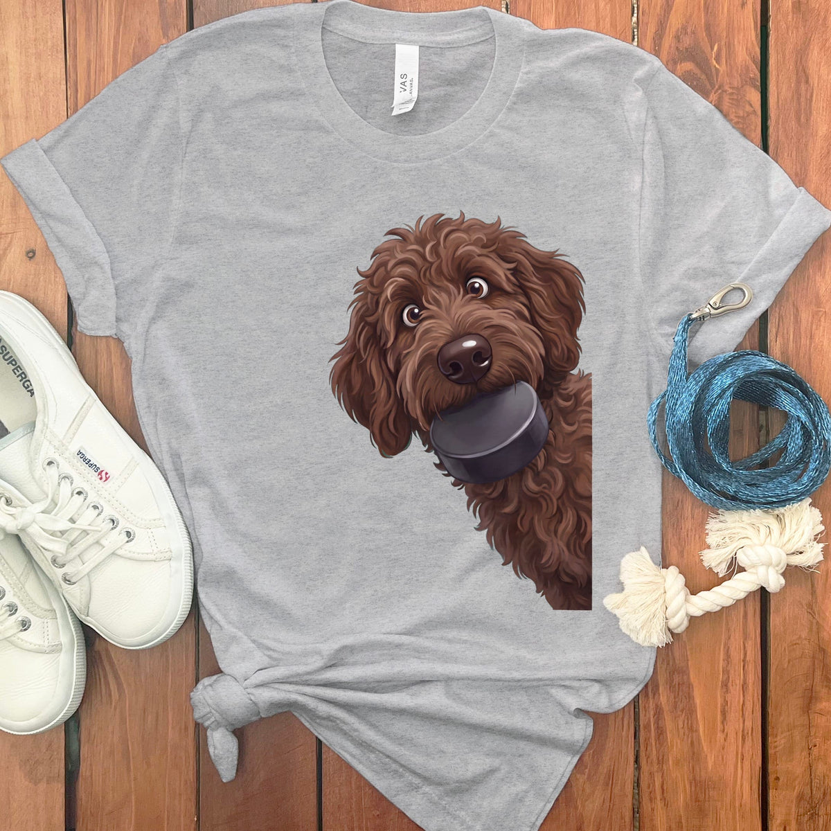 Chocolate Goldendoodle Hockey Puck T-Shirt in Athletic Heather / S by Puppy Jo