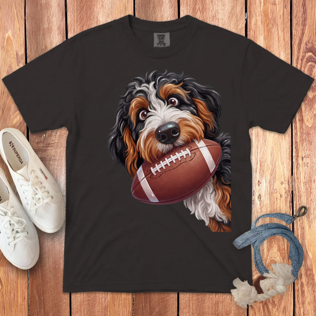 Bernese Mountain Dog puppy holding a football on a dark t-shirt.