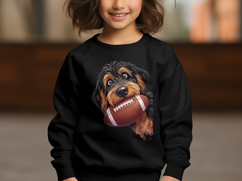 Black sweatshirt with a doodle dog holding a football illustration.