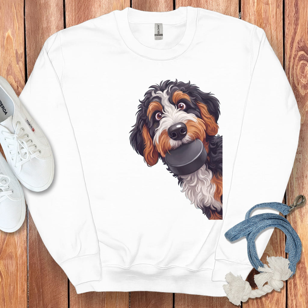 Bernedoodle Hockey Puck Sweatshirt in White / S by Puppy Jo