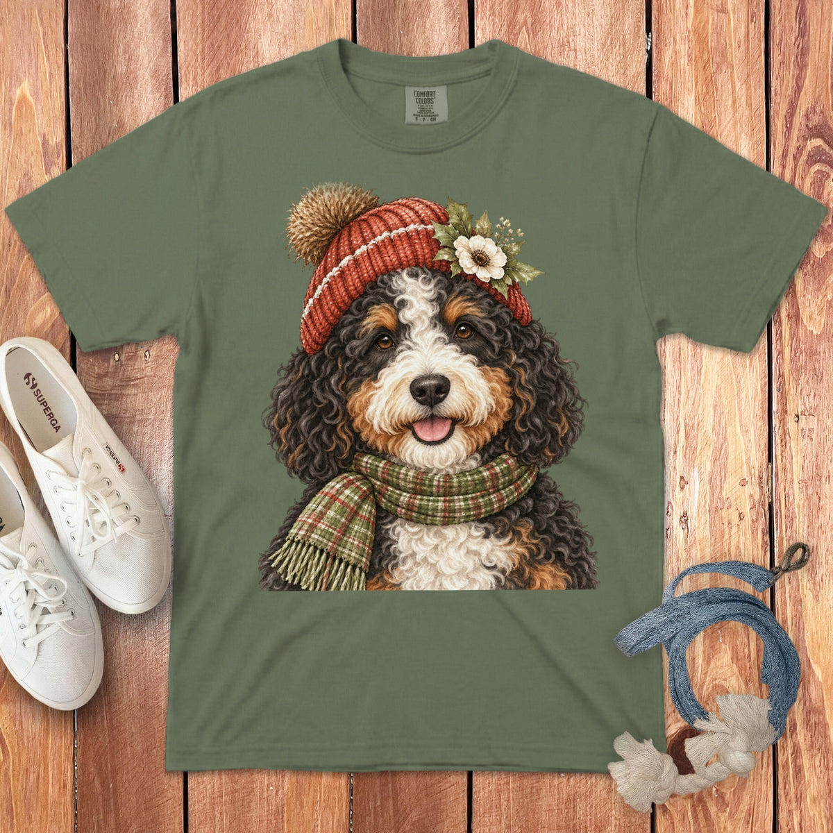 Bernese Mountain Dog wearing a festive hat and scarf, on a green t-shirt.