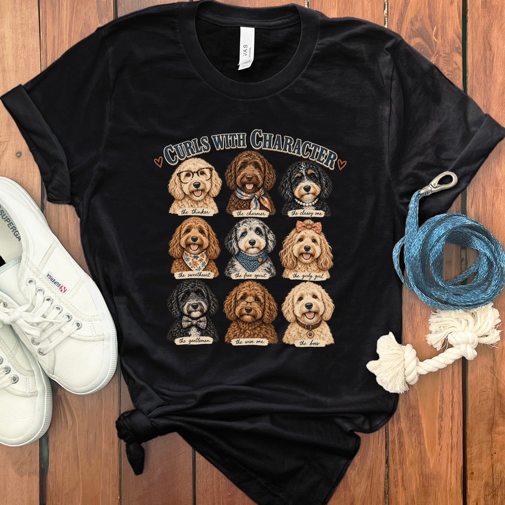 Black t-shirt with nine illustrated dogs labeled "the thinker" through "the boss".