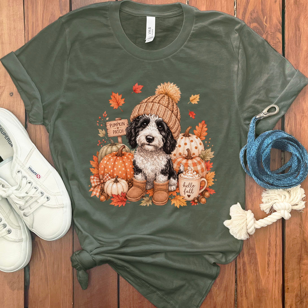 Sheepadoodle Pumpkin Patch T-Shirt in Military Green / S by Puppy Jo