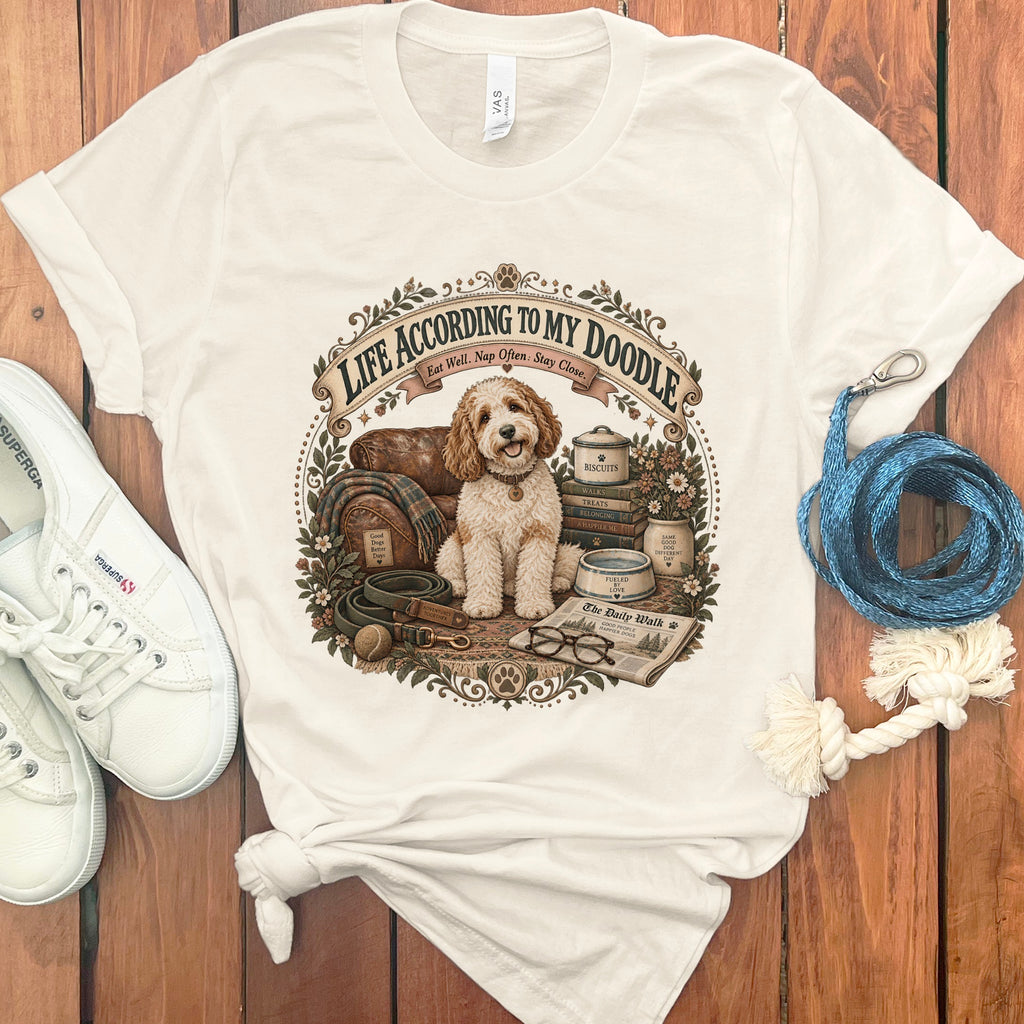 T-shirt with a doodle dog graphic and text: "Life According to My Doodle".