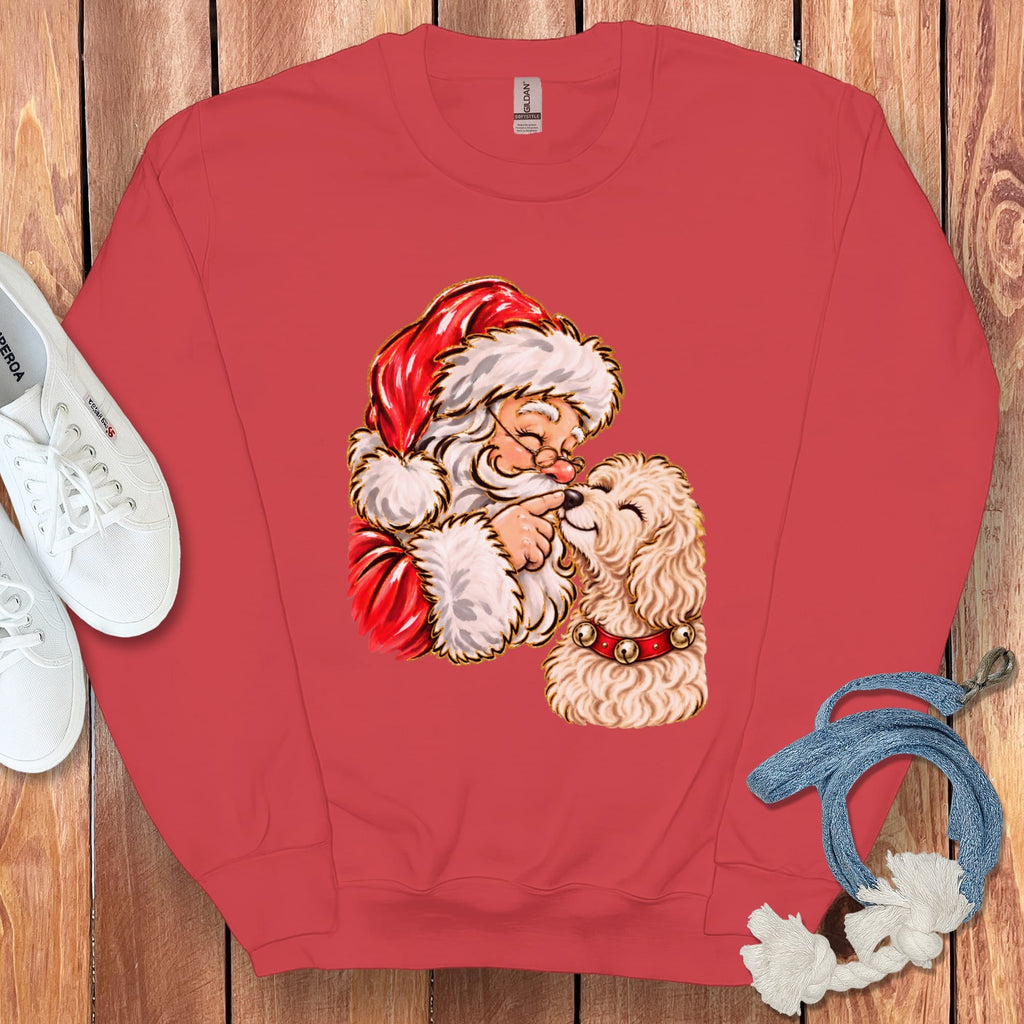 Cream Goldendoodle Santa Kiss Sweatshirt in Red / S by Puppy Jo